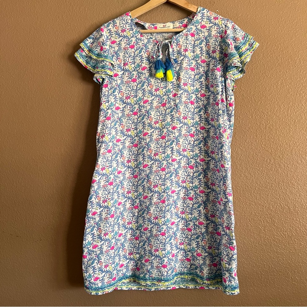 Vineyard Vines Floral Flamingo Embroidered Mini Flutter Sleeve Sundress Size S
